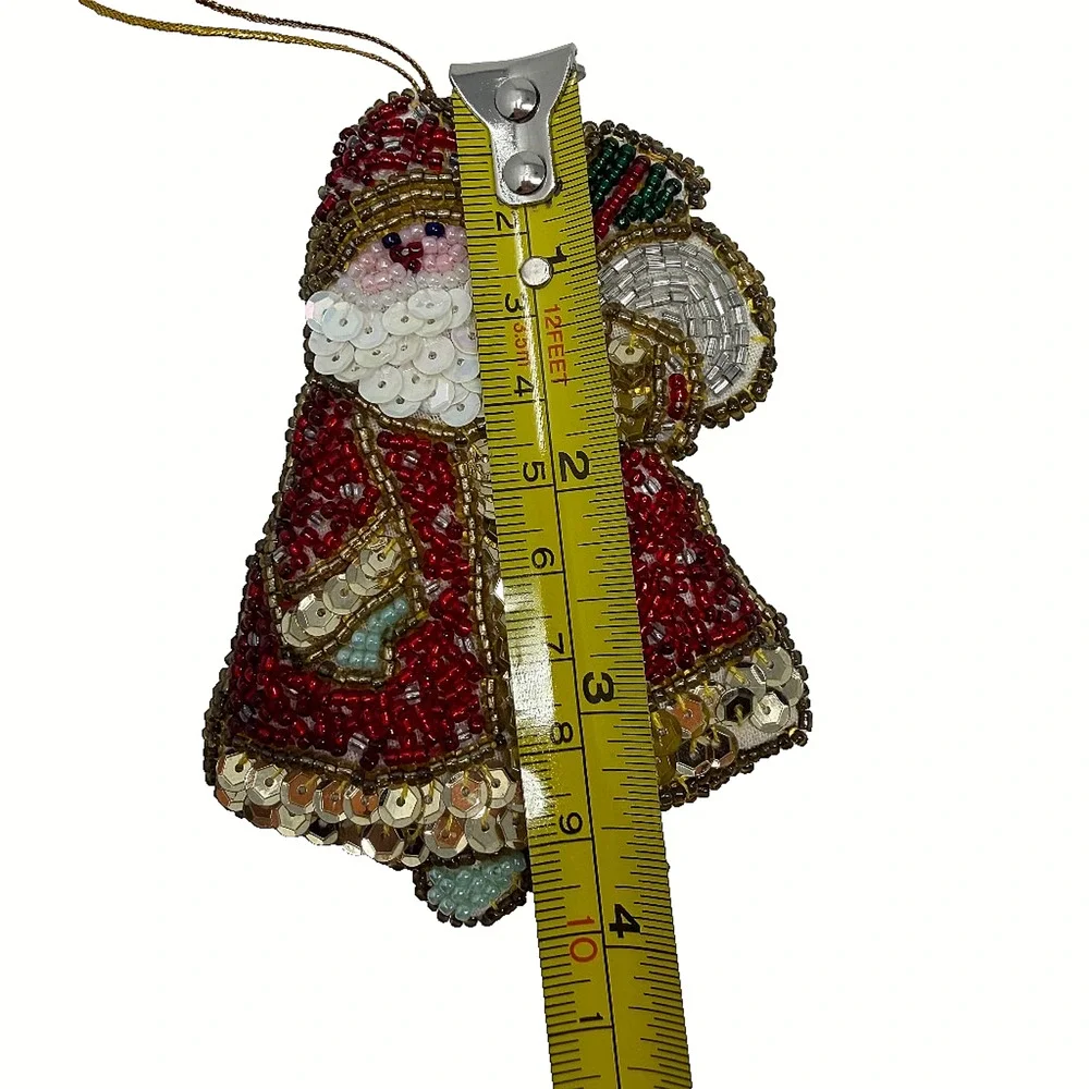 Vintage Handmade Beaded Sequin Santa Claus Christmas Tree Ornament 4